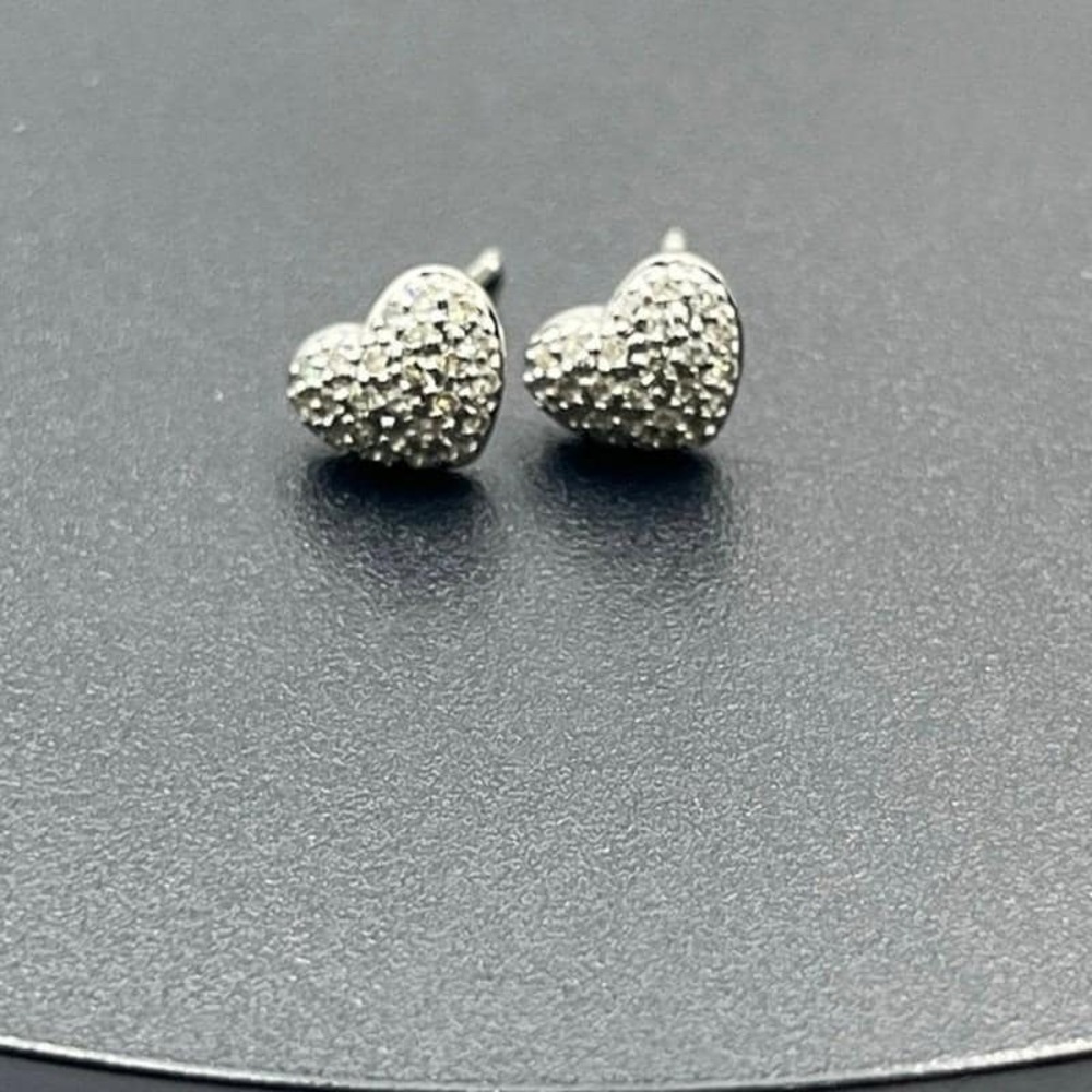 Disney Signed 14K White Gold Micro Pave Diamond Puff Heart Stud Earrings